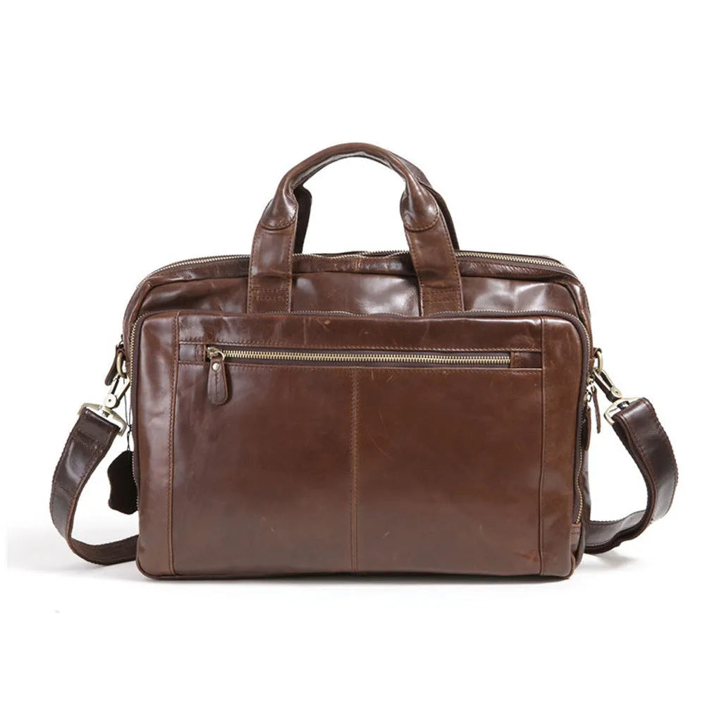 Brown 18-inch first layer cowhide business briefcase with laptop compartment and polyester cotton lining