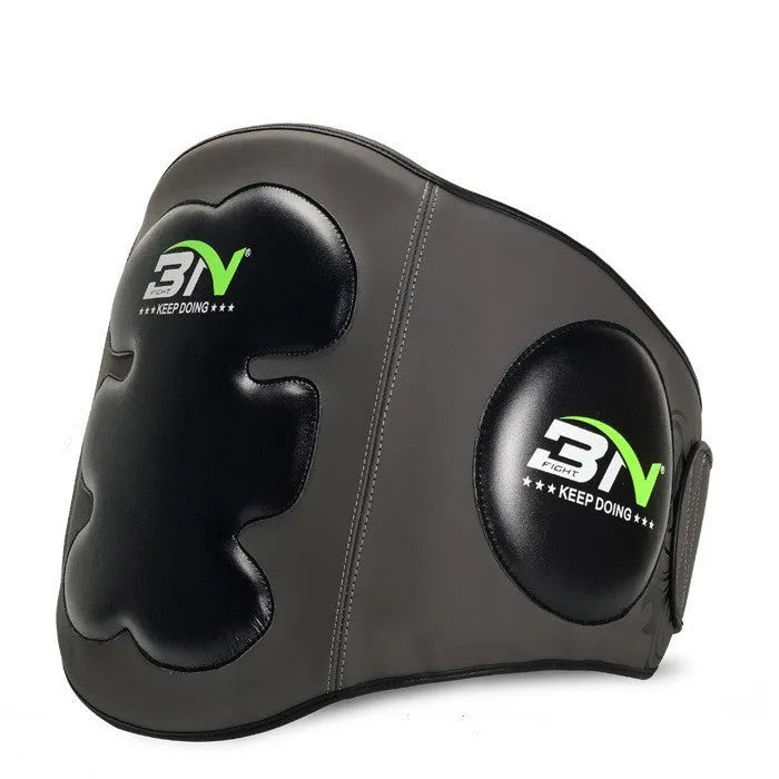 Dark grey Sanda boxing chest protection target showing thickened foam waist guard for martial arts training.
