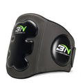 Dark grey Sanda boxing chest protection target showing thickened foam waist guard for martial arts training.