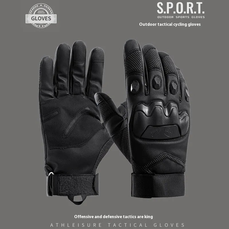 Men's black tactical full-finger gloves with touch screen capability on the fingertips.