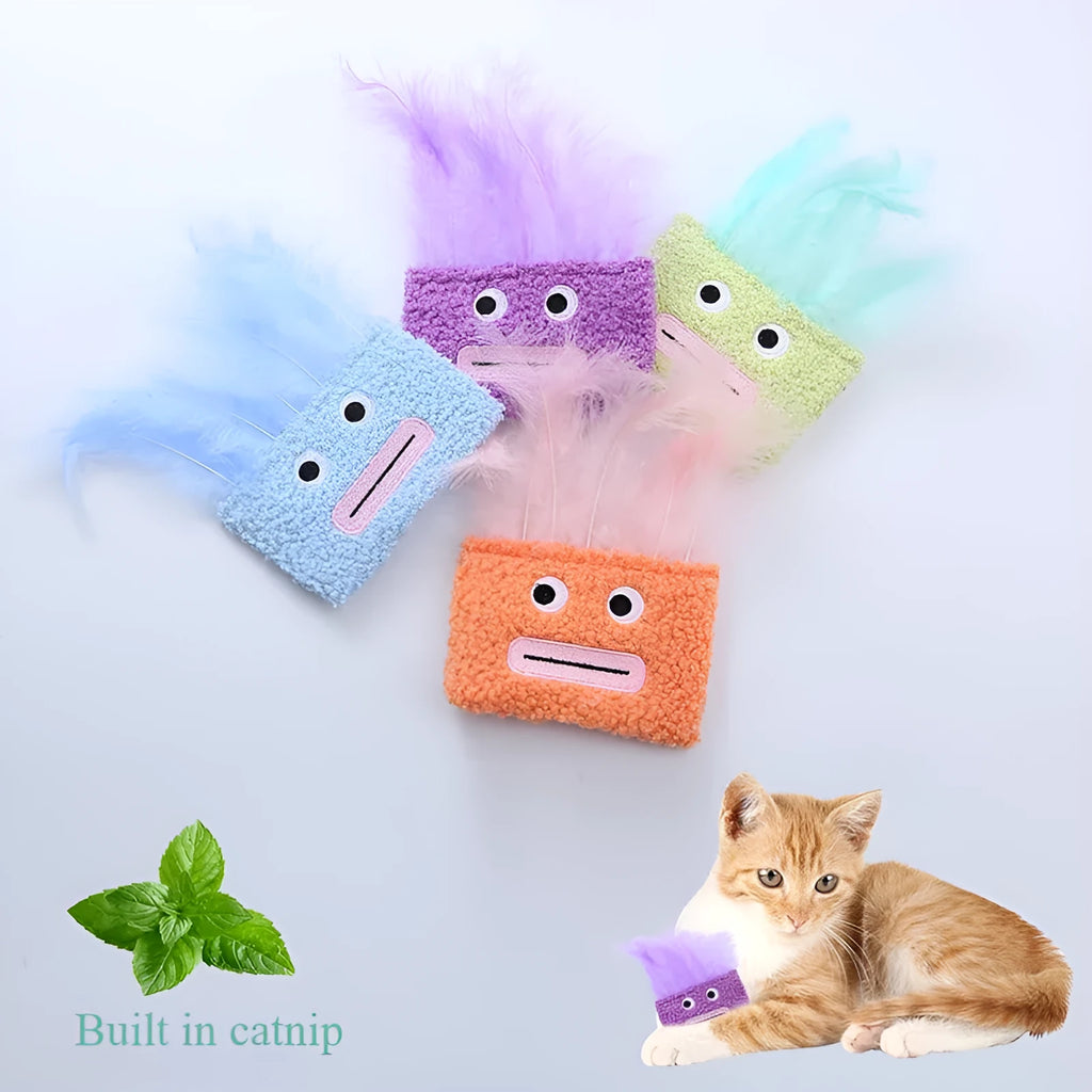 Catnip plush toy with big mouth explosion head shape in blue, green, orange or purple colour