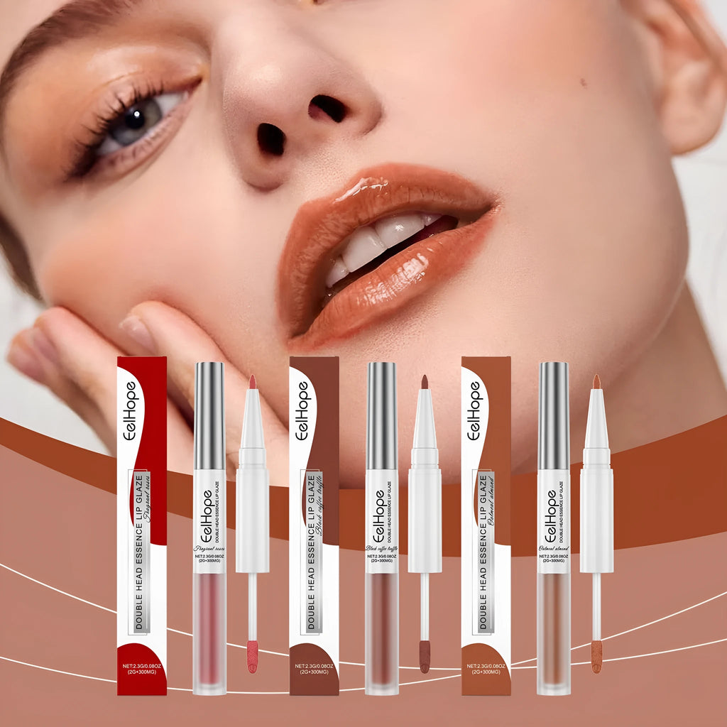 Double-headed lip liner and lacquer pen shown in three colour options: Fragrant Attack, Black Coffee Truffle, Oat Almond.