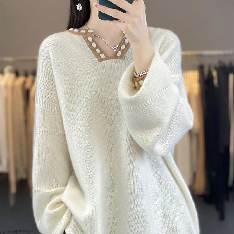 Women's V-neck pullover sweater in camel colour with long sleeves