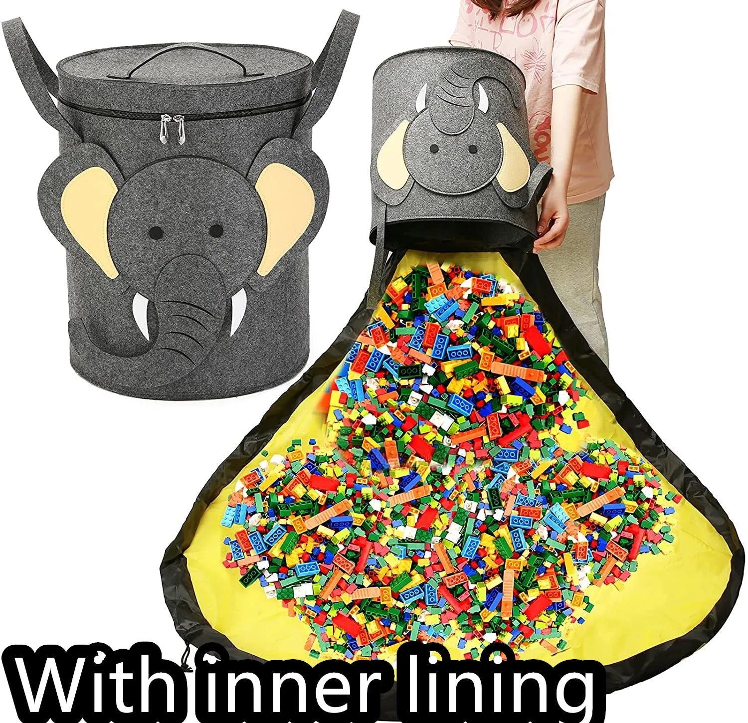 Green cube-shaped felt storage bag with a pull rope, shown as a toy organiser and play mat.