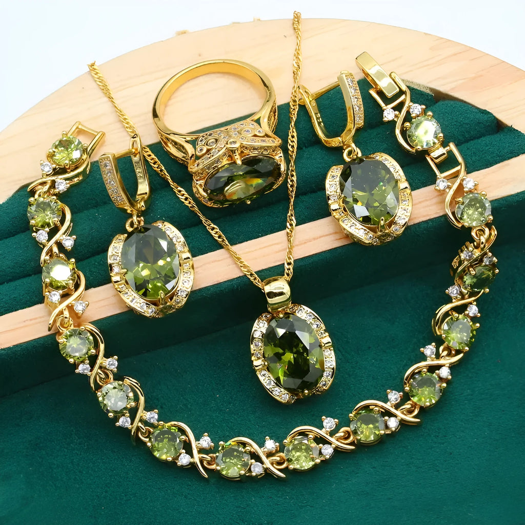 Women's rhinestone zircon jewellery set with snake bones chain necklace, earrings, and ring in olive green or red