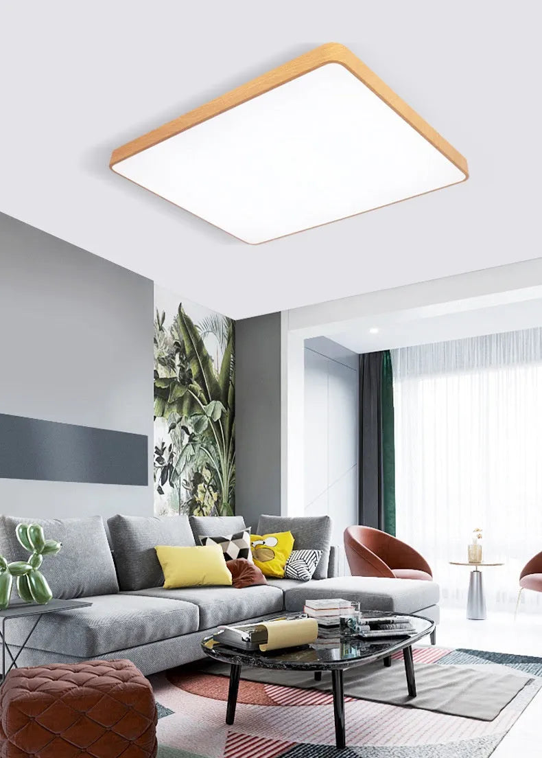 Nordic LED wood grain finish bedroom ceiling light with modern iron art frame in square design