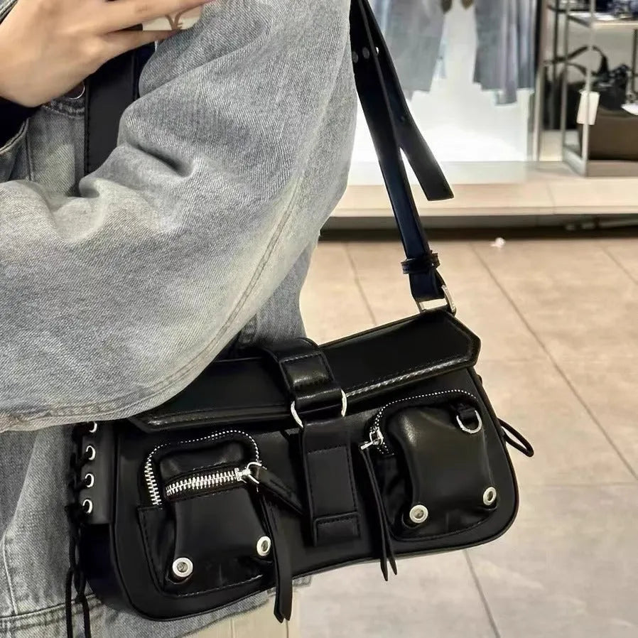 Black structured PU women's baguette messenger bag with crossbody strap.
