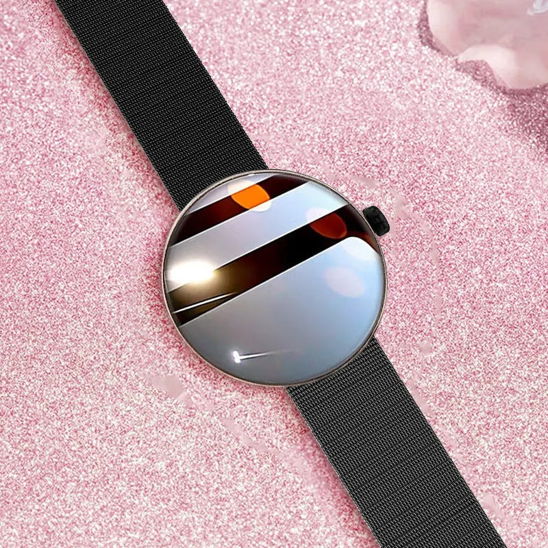 Women's circular smart watch with aluminium alloy case and colour screen showing health metrics