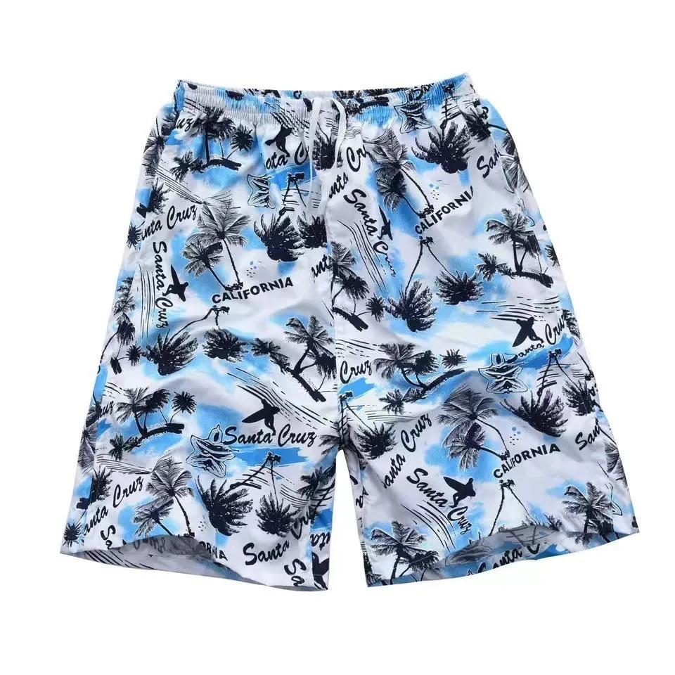 Men's floral printed swimming trunks in polyester with five-point design for beach and pool use