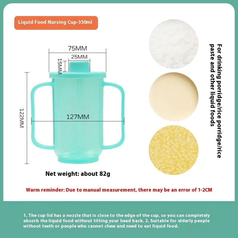 Oblique mouth choke-proof drinking cup for adults with handle and lid, shown with optional wrist splint.