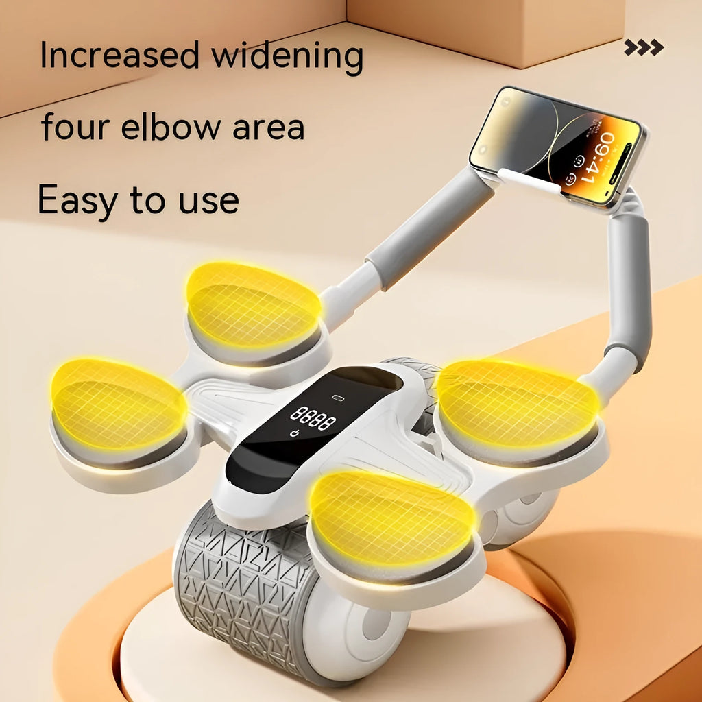 White household fitness roller with LED screen for belly contracting and rolling exercises.