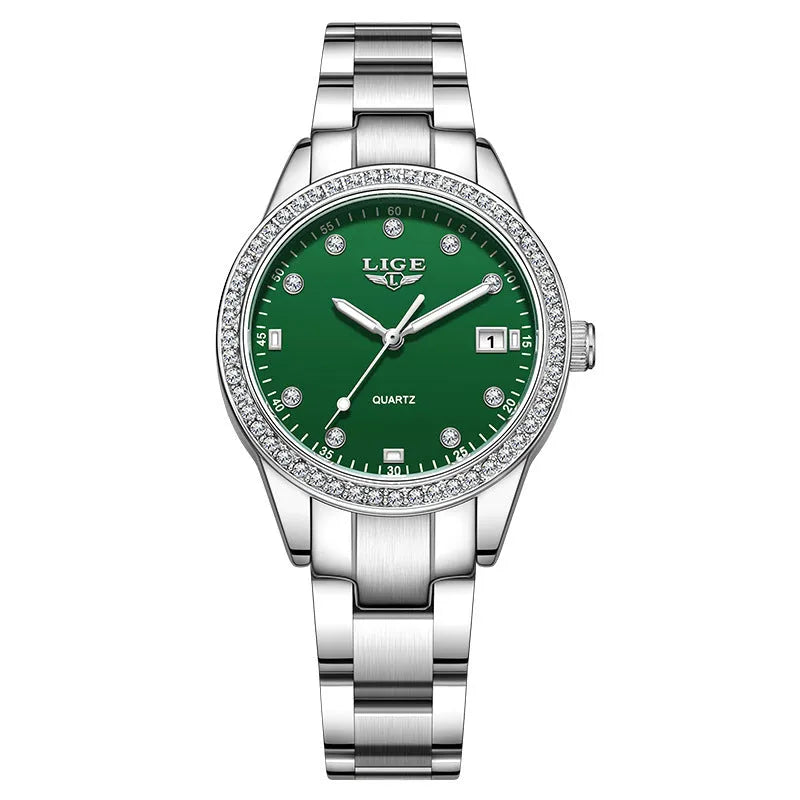 Women's silver fashion watch with diamond-encrusted bezel and luminous hands on 34mm stainless steel case