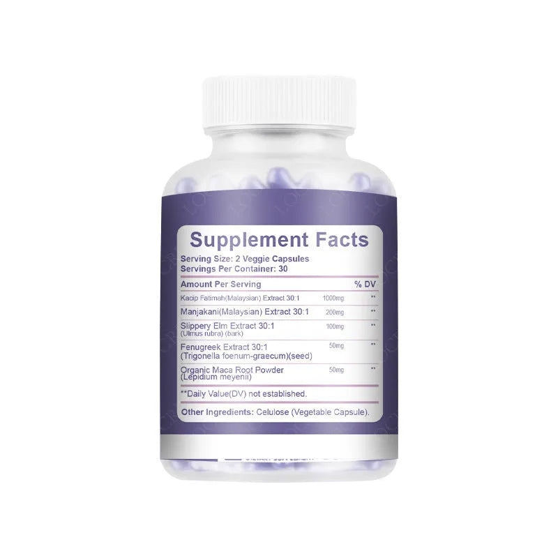 Bottle of 60 vaginal health capsules with plant extraction formula for adult women