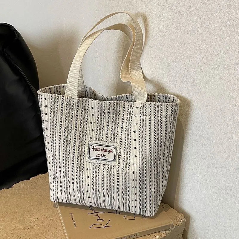 Japanese style corduroy handbag in ivory white with large capacity and fresh design