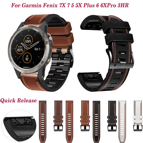 Silicone leather quick release watchband for Garmin Fenix smartwatches in four colour options