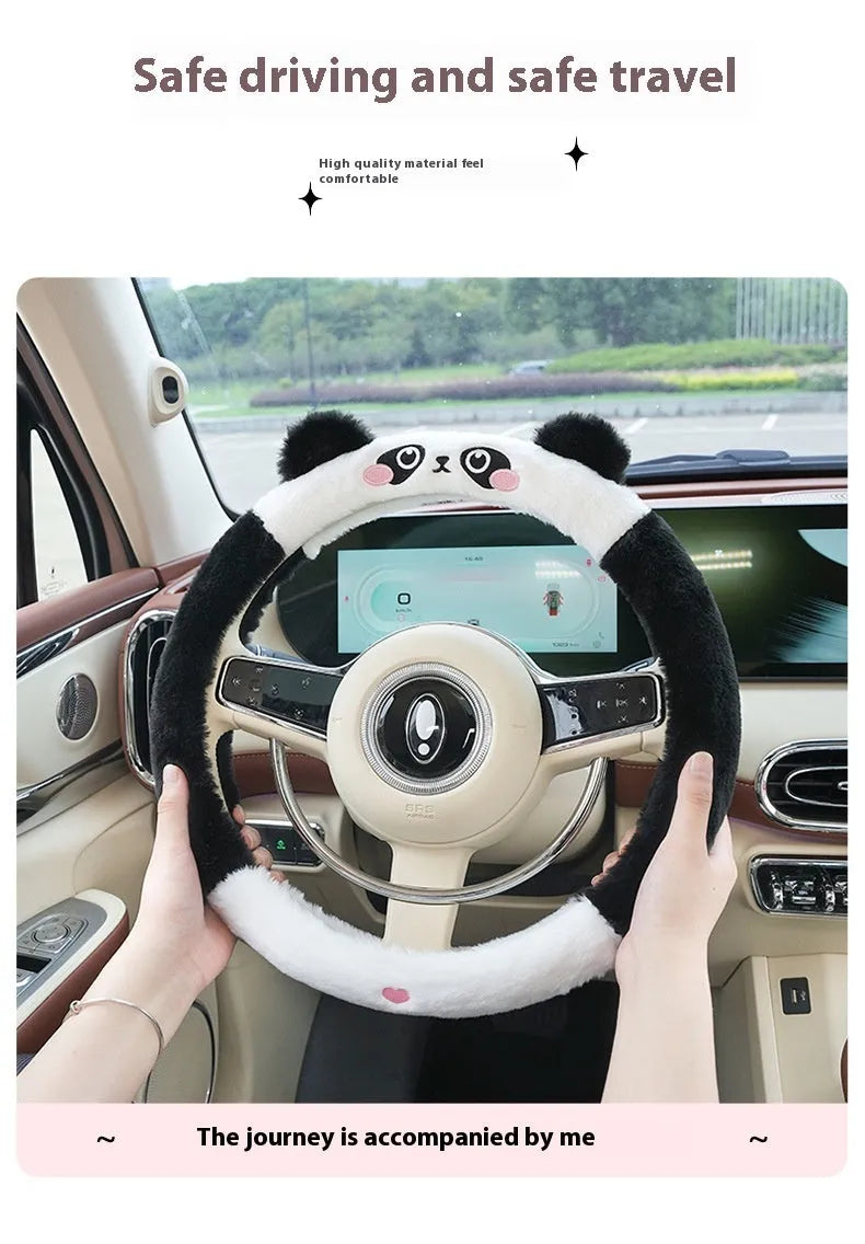 Plush winter car steering wheel cover with embroidered cartoon panda design for 38cm steering wheels.