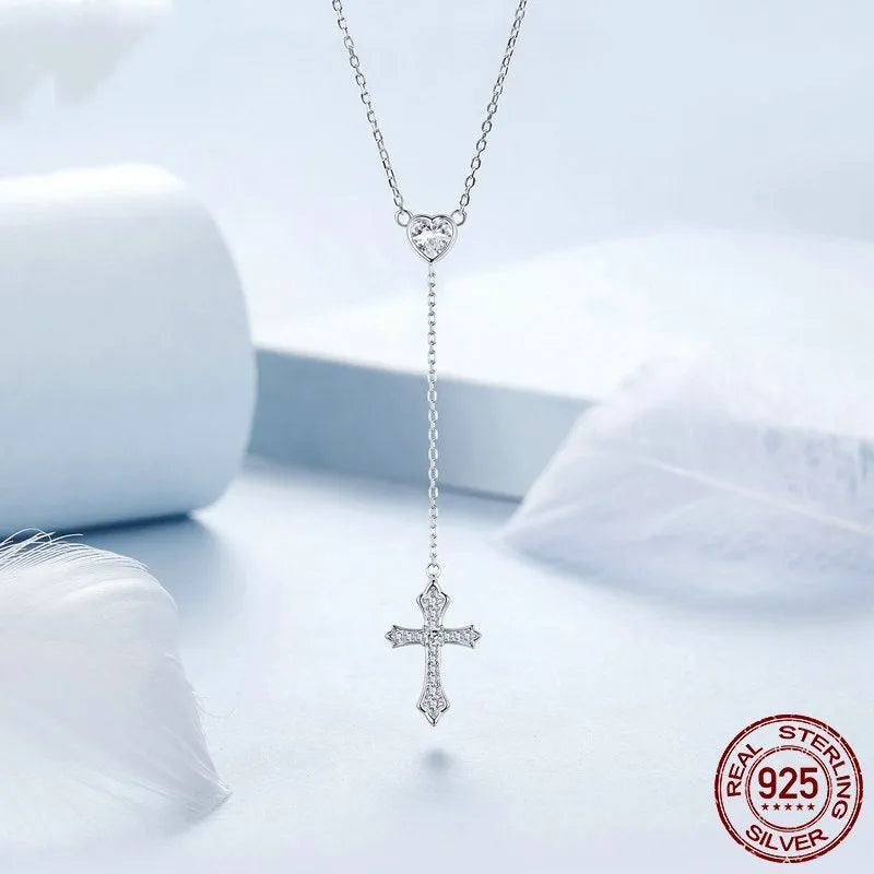 925 silver love cross pendant necklace on V-neck chain in BSN384 colour