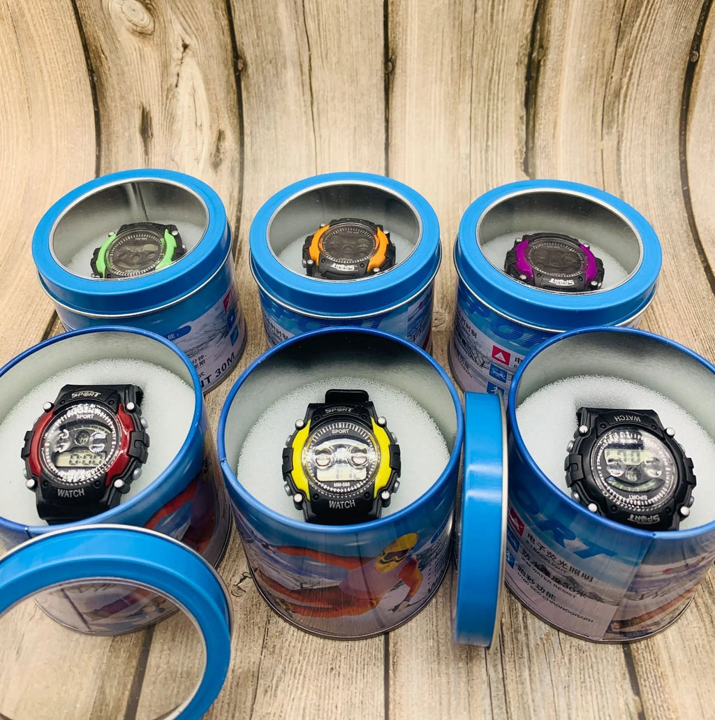 Children's digital sports watch with mixed colour silicone strap and plastic case showing alarm and calendar functions