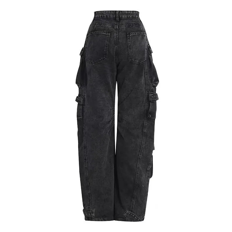 Women's high waist wide leg tie-dyed jeans with multiple pockets in street hipster style