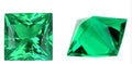 Synthetic emerald gemstone in Columbia green treasure colour showing round and rectangular cut options.