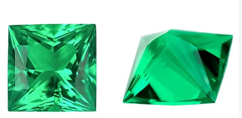 Synthetic emerald gemstone in Columbia green treasure colour showing round and rectangular cut options.