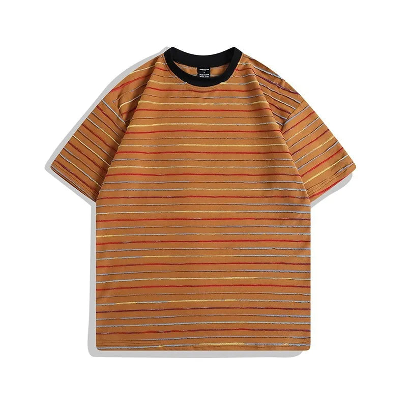 A striped, loose-fitting couple's T-shirt with a round neck and short sleeves, shown in various colours.