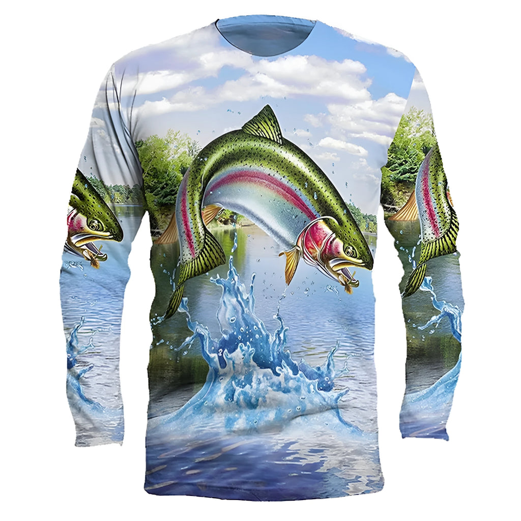 Men's grey pullover top with fish print design on front, round neck and long sleeves