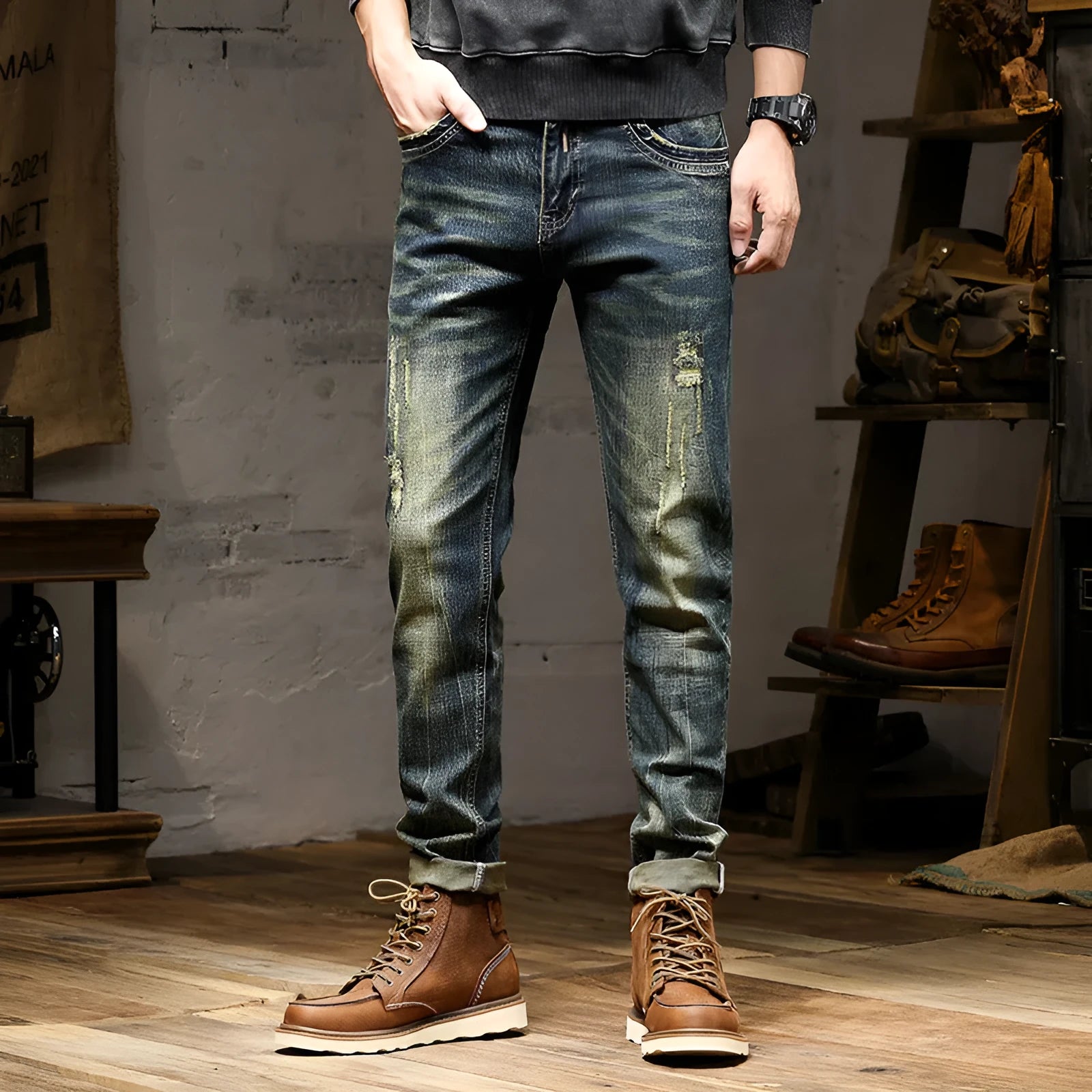 Man wearing retro blue stretch denim skinny jeans with a zip fly.