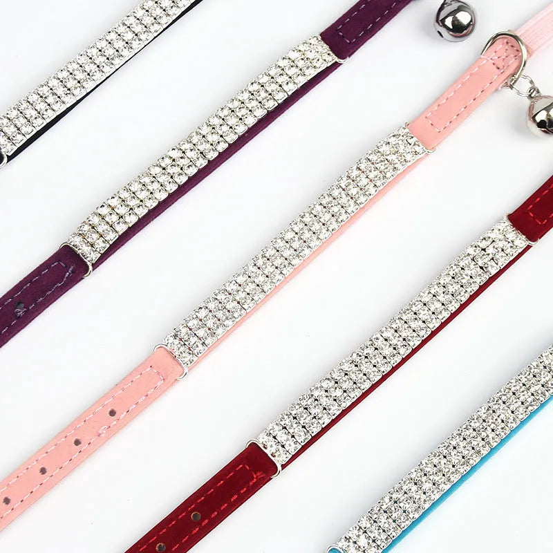Rhinestone suede velvet cat collar in red blue purple black pink adjustable 20-30cm