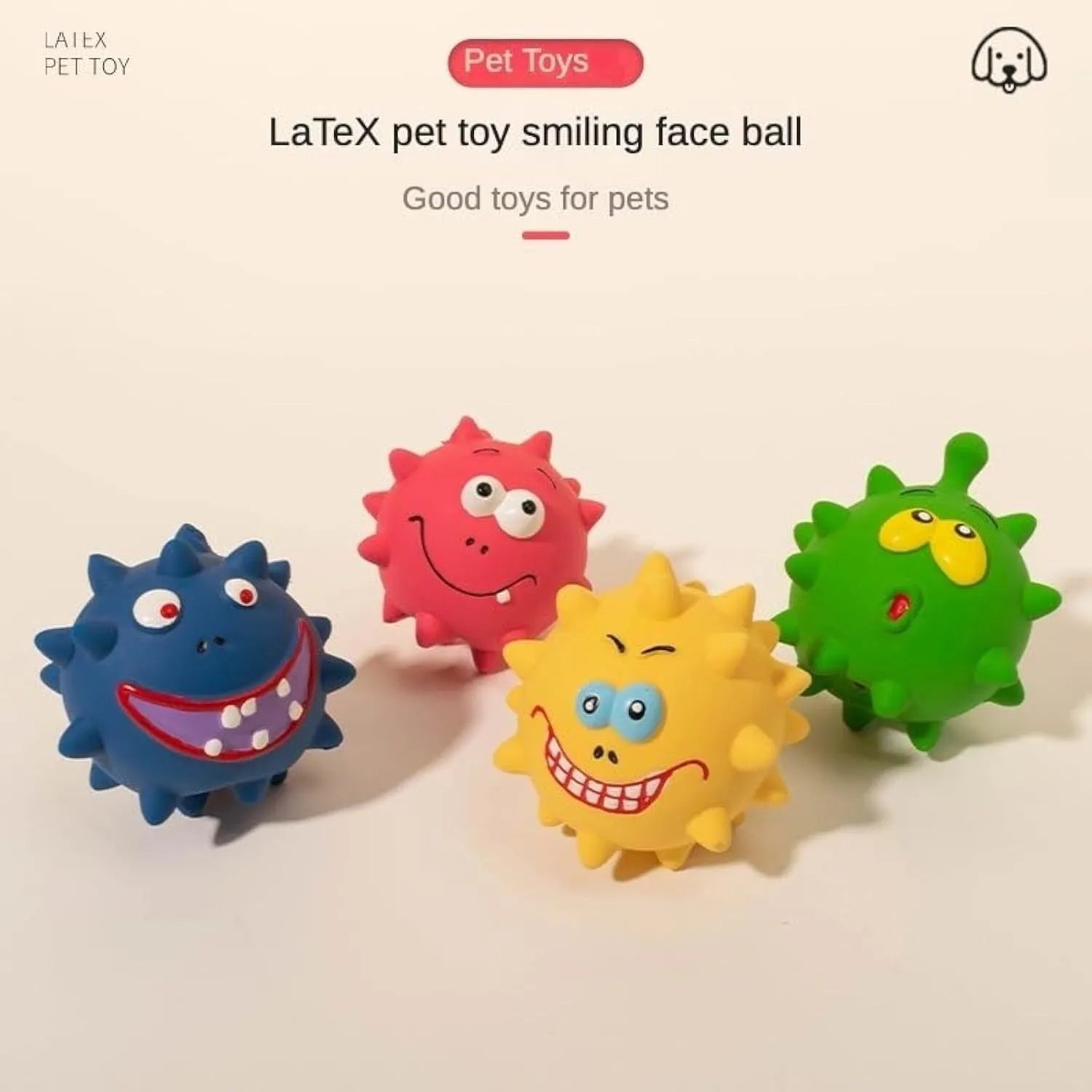 Four colourful squeaky dog balls with textured surfaces and cute faces