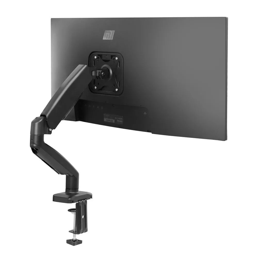 Black rotating telescopic LCD screen bracket with elevated storage rack on desk