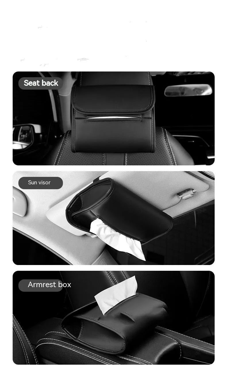 Leather car tissue box holder with elastic band mounting in five colour options