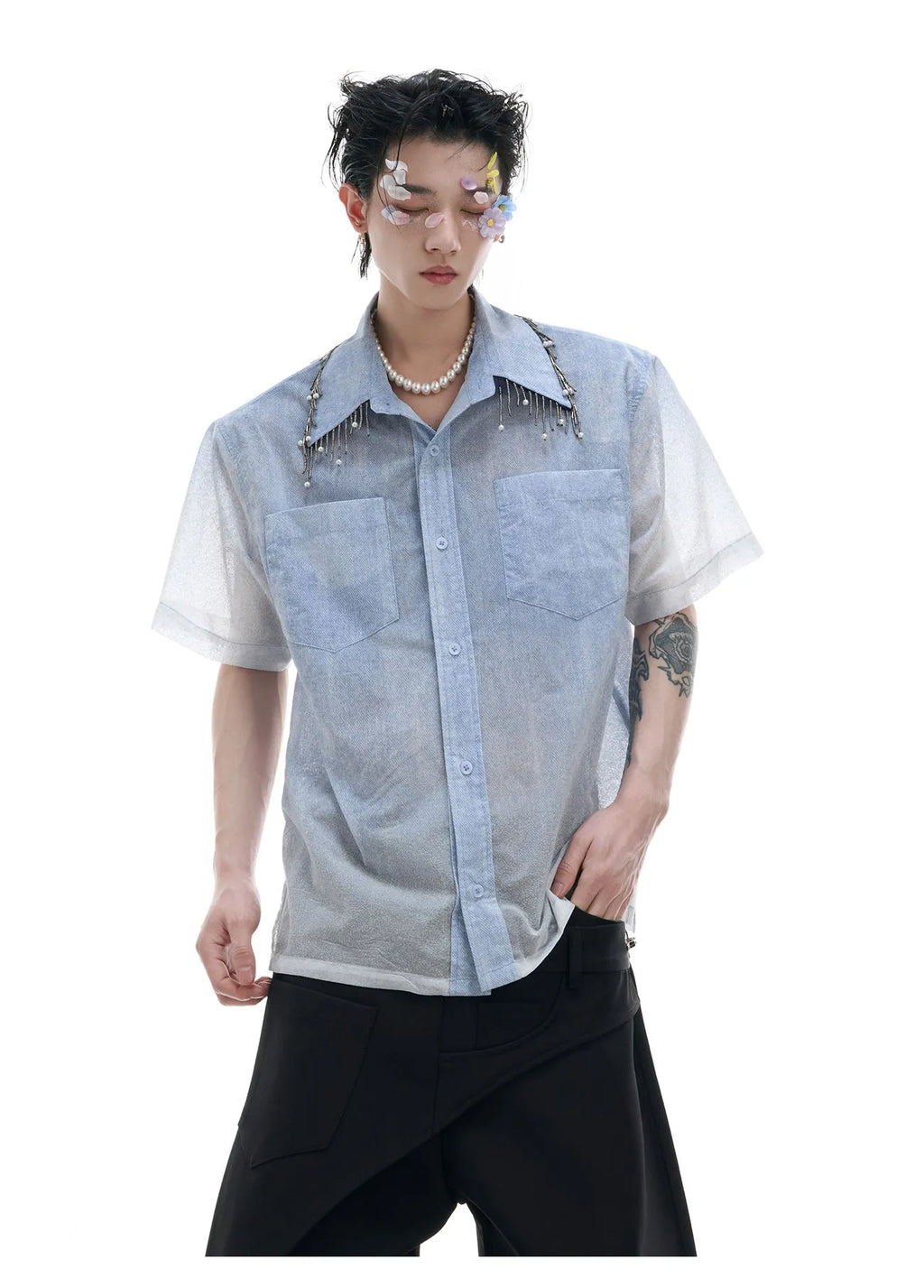 Men's loose fitting blue and white gradient short sleeve shirt with quilted texture.