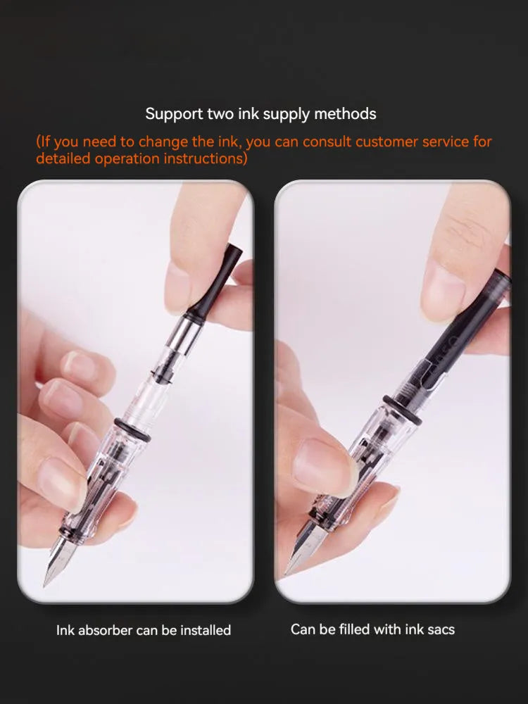 Student automatic suction pen set with plastic shell, 0.38mm and 0.5mm heads, ink feeder, and carrying handbag