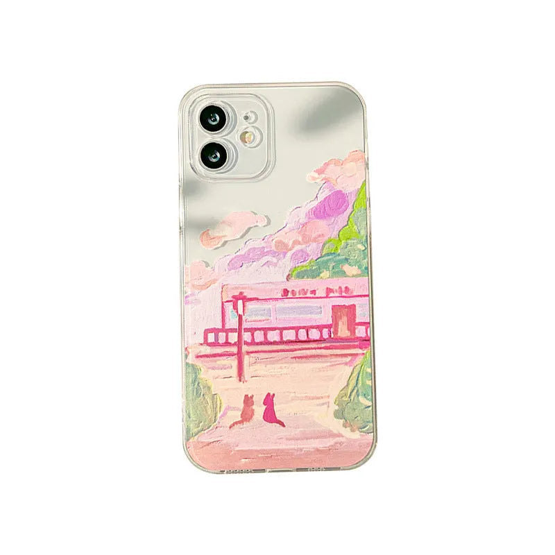 Soft silicone iPhone case with a colourful cartoon print of two cats on the back.