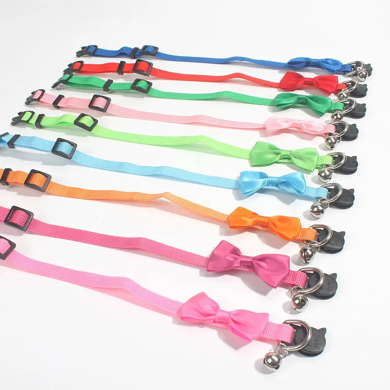 Colourful nylon pet bow collar with bell attachment and adjustable strap for cats