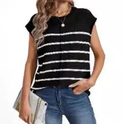Women's striped sleeveless vest pullover with bone stitching detail in acrylic knit fabric
