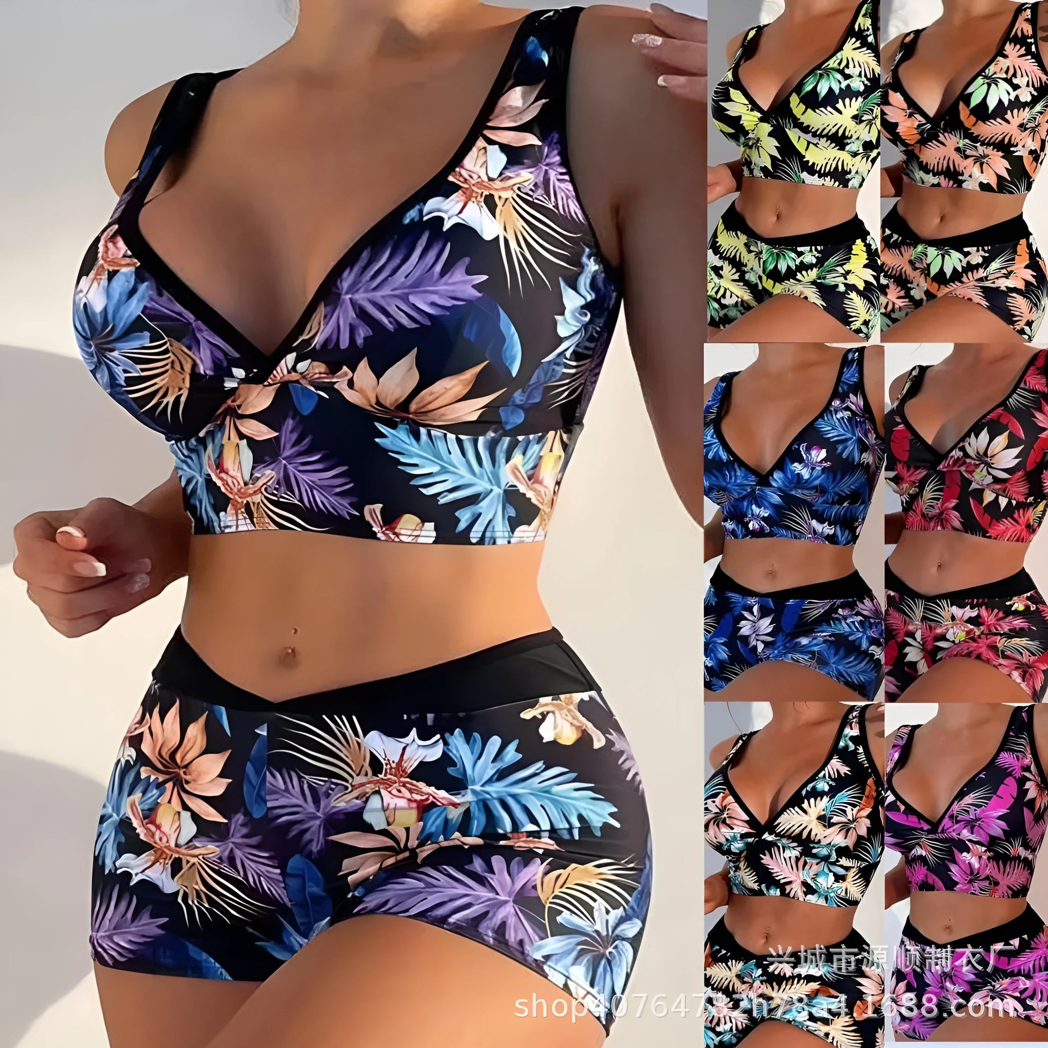 Women's two-piece swimsuit with sleeveless top and printed boxer brief bottoms in a multi-colour pattern.