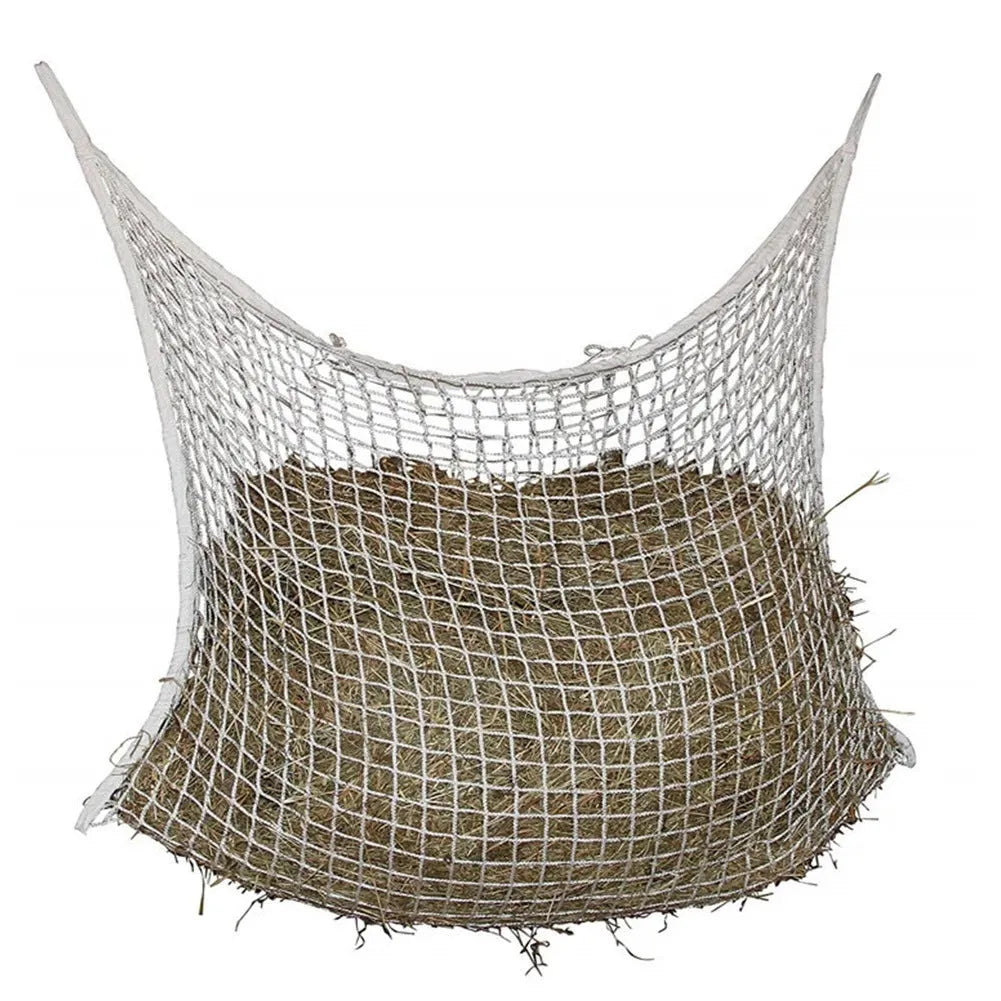 Woven grid horse hanging feeding bag made from black PE rope with open square pattern for livestock feeding