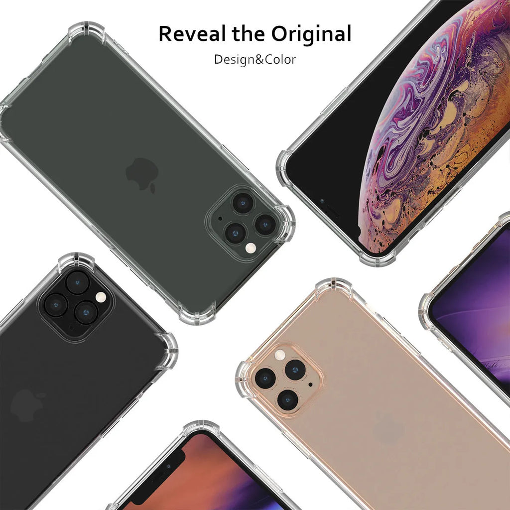 Clear transparent TPU shockproof phone case for iPhone, shown from the back.