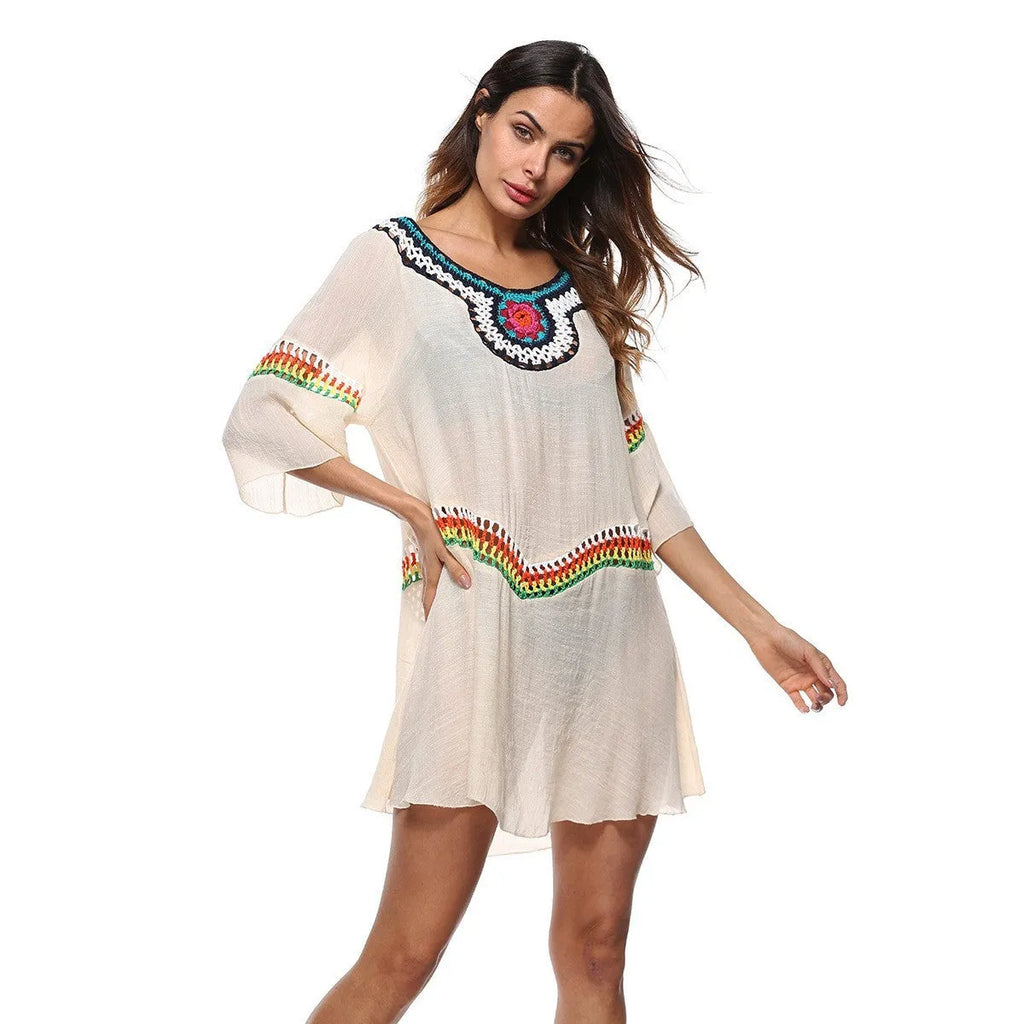 Crocheted ethnic style women's beach clothing in acrylic fabric for sun protection during swimming