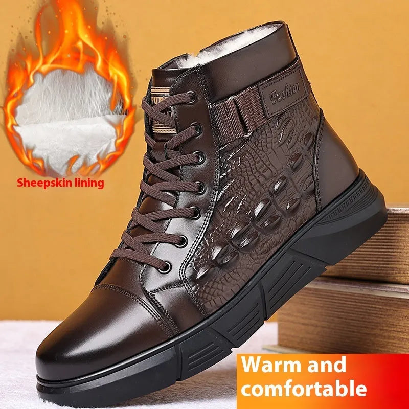 Men's black genuine leather snow boots with fur lining and lace-up front on a rubber sole.