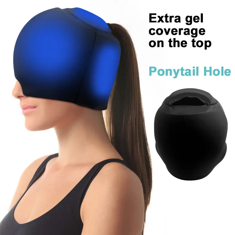 Simple solid colour cold compress headache cap shown in black, pink, and dark blue.