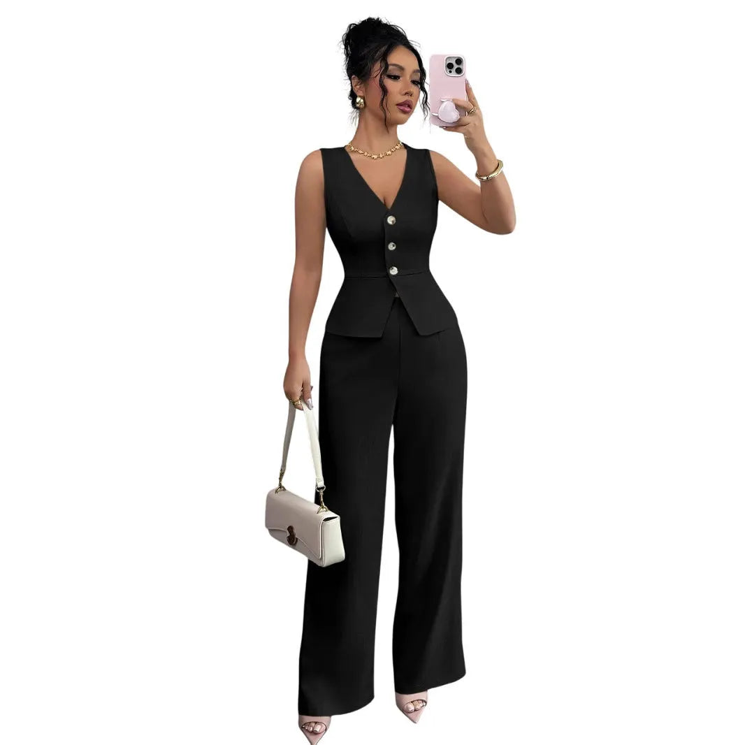 Women's solid colour two-piece set with sleeveless vest and high-waist trousers in casual styling
