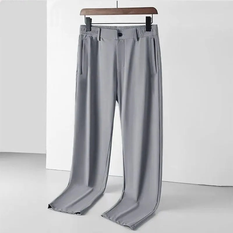 Men's ice silk leisure trousers in straight loose fit with high elasticity waistband