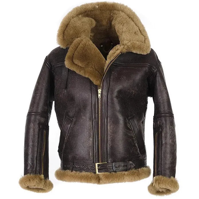 Men's vintage Western-style fur coat in black synthetic leather with straight hem design