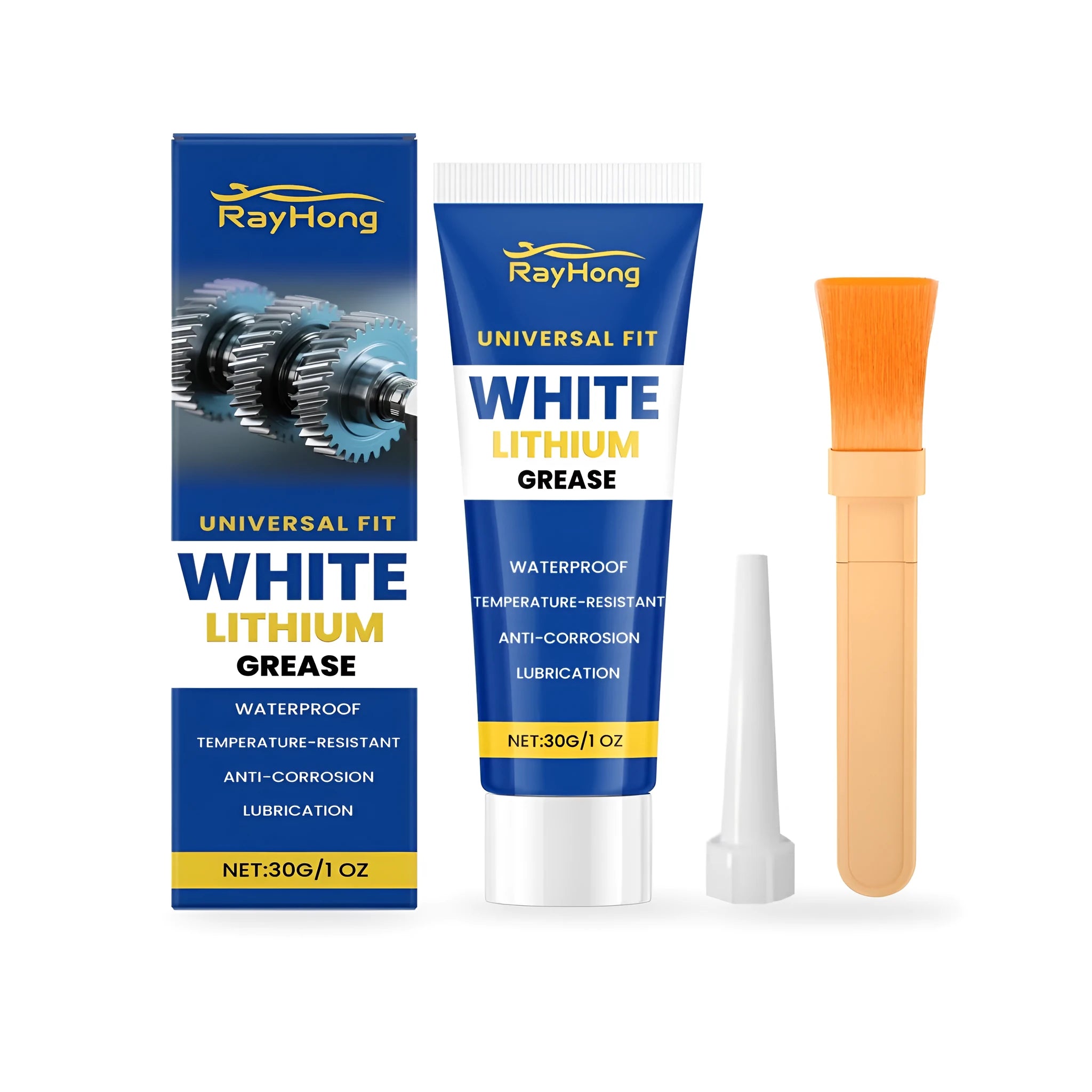 30g tube of white lithium grease with applicator brush and nozzle tip for automotive lubrication.
