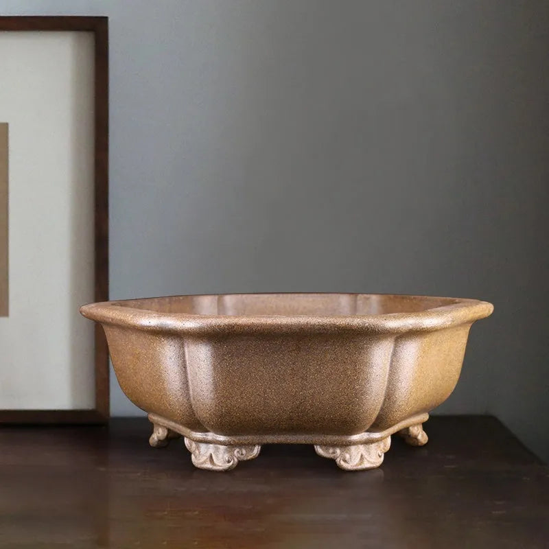 Large handmade purple sand tea basin in hexagonal style for plant cultivation