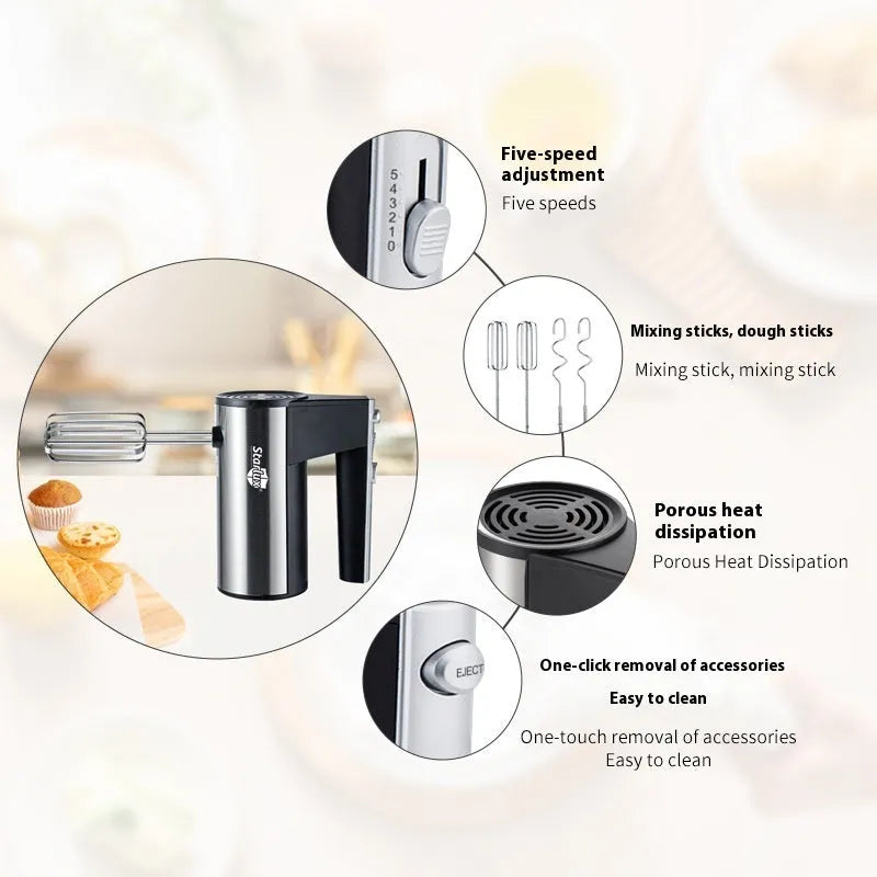 Silver handheld electric mixer with whisk attachment for baking and beating