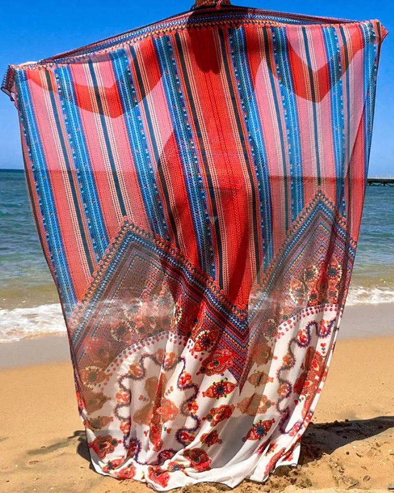 Women's three-piece swimsuit set showing high-waisted briefs, sleeveless blouse and cover-up coat in matching colour